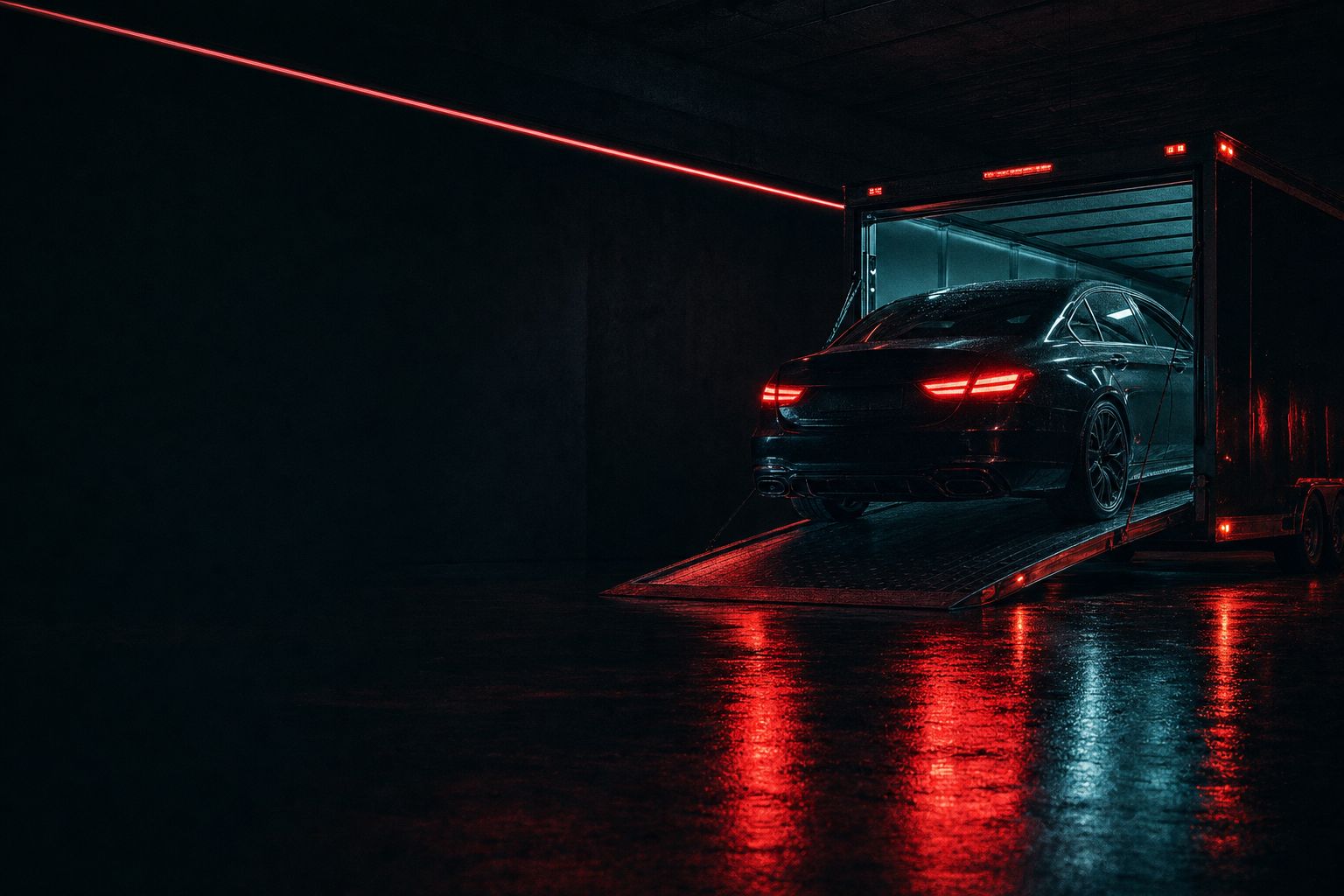 Berlina deportiva oscura bajando la rampa de un remolque cerrado en un garaje industrial, con luces rojas y cian